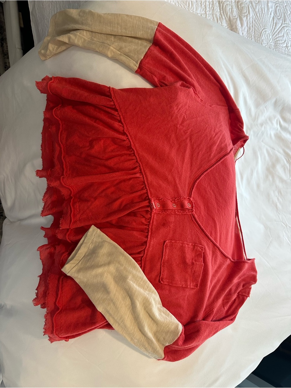 We The Free Red Ruffled Long Sleeve Top with Beige Contrast Sleeves